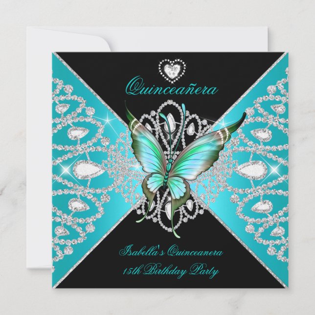 Quinceanera 15th Teal Blue Butterfly Tiara Inbjudningar (Framsida)