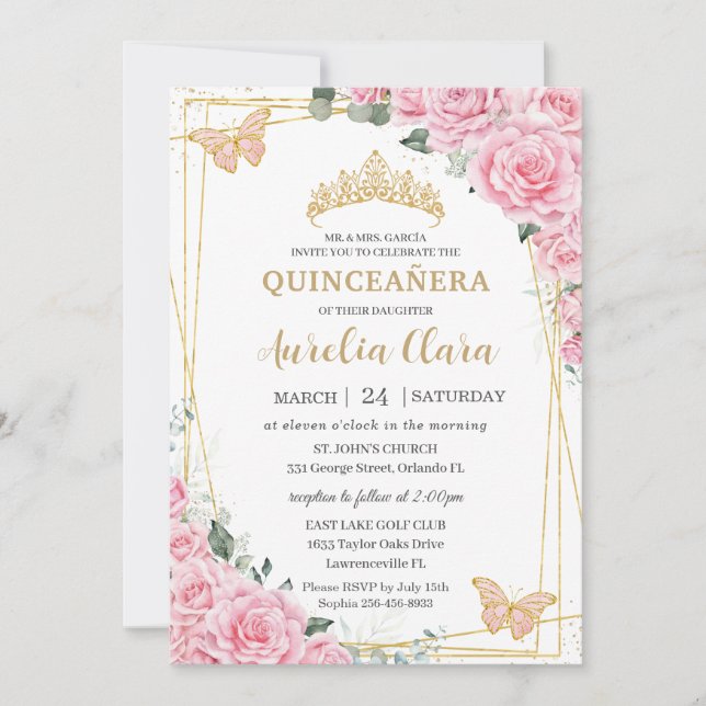 Quinceanera 16 Pink Roses Floral Gold Butterflies Inbjudningar (Framsida)