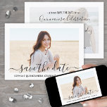 Quinceañera 2 Photo Elegant Script 15:e födelsedag Spara Datumet<br><div class="desc">de glatta nyheterna om ett kommande Quinceañera firande med chic 2-foto sparar datuminbjudningarna. Bilder och alla formuleringar i den här mallen är enkla att anpassa. Med Zazzle Design Editor verktyg kan du enkelt anpassa färg, font stilar och overlay opacity. Den moderna minimalistiska svartvita designen har trendig med skript för elegant,...</div>