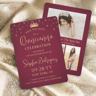 Quinceañera 3 Foto Collage Vinröd & Guld Stjärnor Spara Datumet
