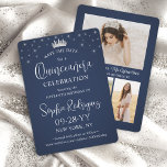 Quinceañera 3 Photo Collage Elegant Navy Blue Spara Datumet<br><div class="desc">Share the joyful news of an upcoming Quinceañera celebration with chic modern 3 photo collage save the date invitations. The pictures and all wording on this template are simple to personalize. The colors and font styles can be easily customized with the Zazzle Design Editor tool. The navy blue and white...</div>