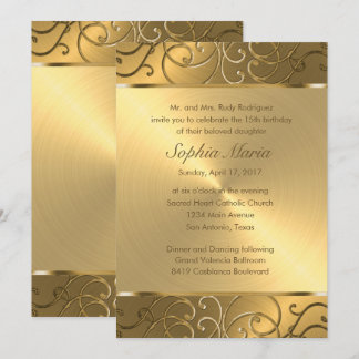Quinceanera All Guld Filigree Swirl Gräns Inbjudningar