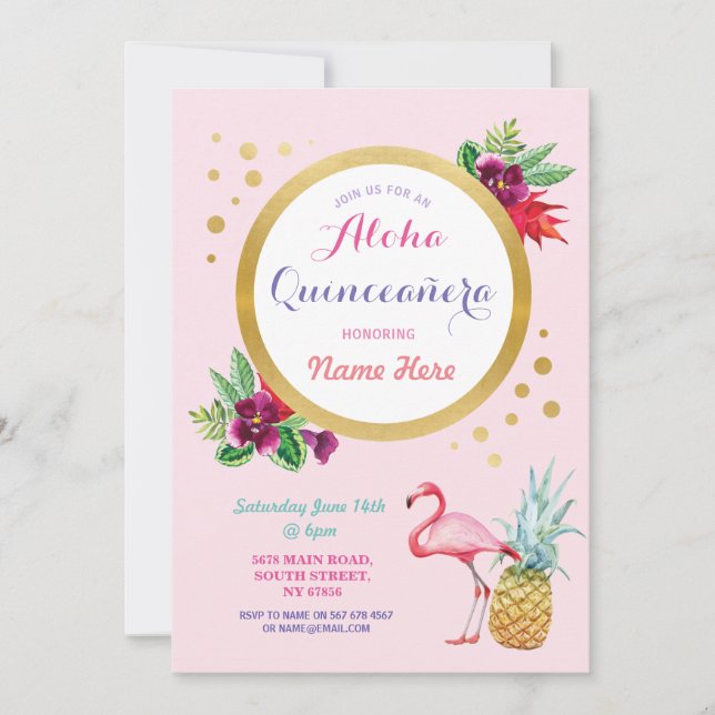 Quinceanera Aloha Flamingo Födelsedagsfest Inbjuda Inbjudningar (Framsida)