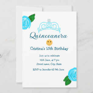 Quinceanera anos 15:e födelsedag blå ro krona art inbjudningar