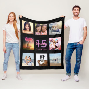 Quinceanera anpassningsbar fotocollage Black namn Fleecefilt