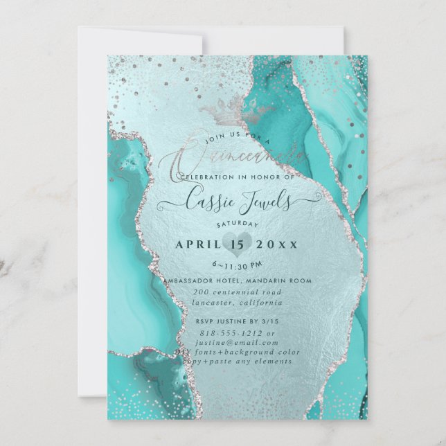 Quinceanera, Aqua Blue Agate Faux Silver confetti Inbjudningar (Baksida)