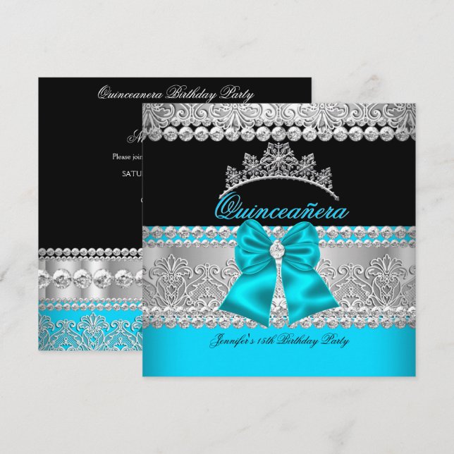 Quinceanera Aqua Blue Diamond Snöre Födelsedagsfes Inbjudningar (Fram/baksida)