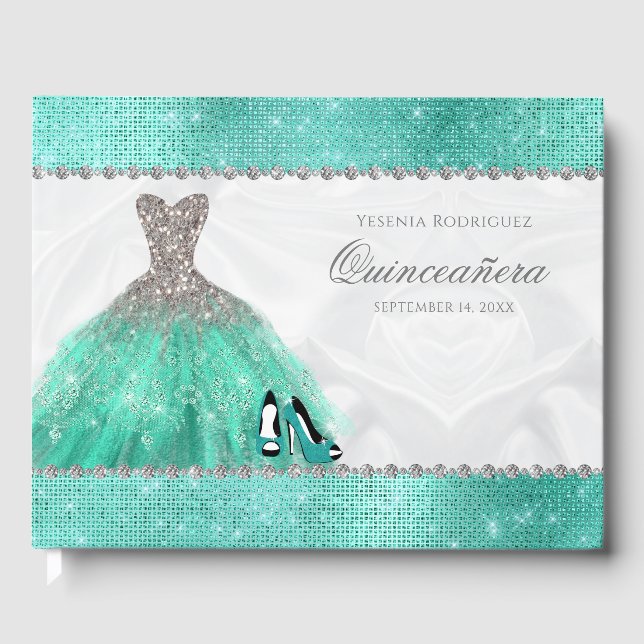 Quinceañera Aqua Diamond Gnistra Glitter Gästböcker (Framsida)