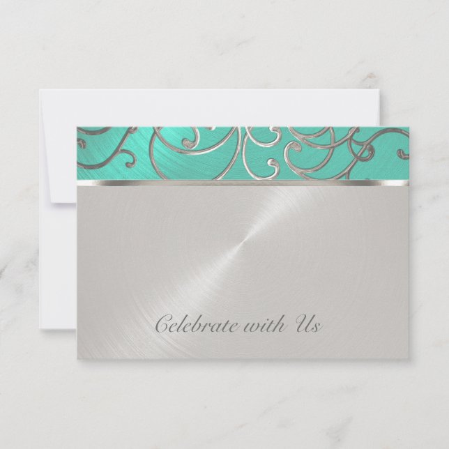 Quinceanera Aqua Grönt och Silver Filigree Swirls Inbjudningar (Framsida)