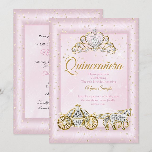 Quinceanera Askungen Rosablå Vagn Inbjudningar (Fram/baksida)