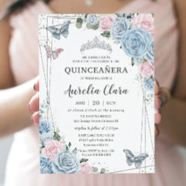 Quinceañera Baby blue Blek Rosa Blommigt Butterfli Inbjudningar
