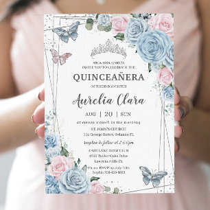 Quinceañera Baby blue Blek Rosa Blommigt Butterfli Inbjudningar