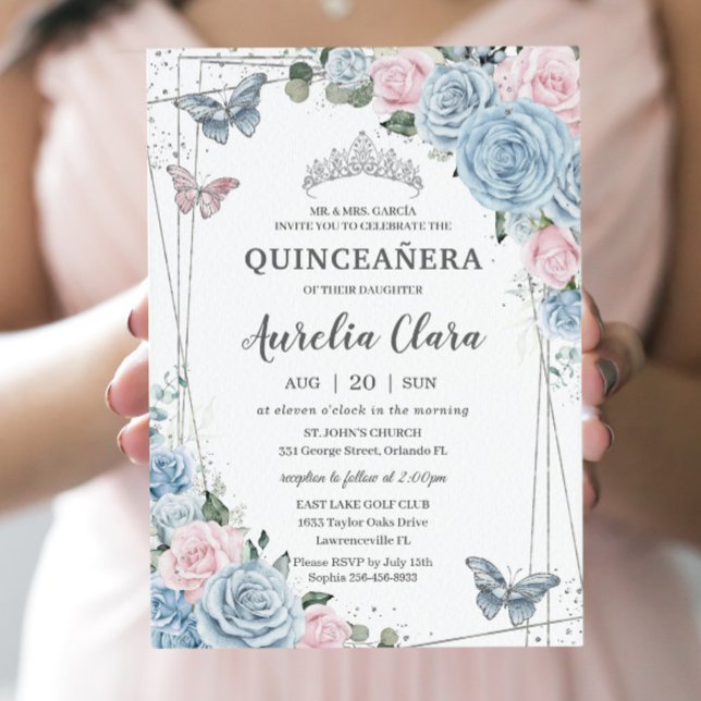Quinceañera Baby blue Blek Rosa Blommigt Butterfli Inbjudningar (Skapare uppladdad)