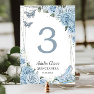 Quinceañera Baby Blue Blommig Prinsessa Askungen Bordsnummer