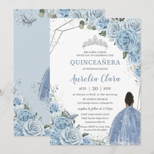 Quinceañera Baby blue Blommigt Brown Princess 15:e Inbjudningar (Fram/baksida)