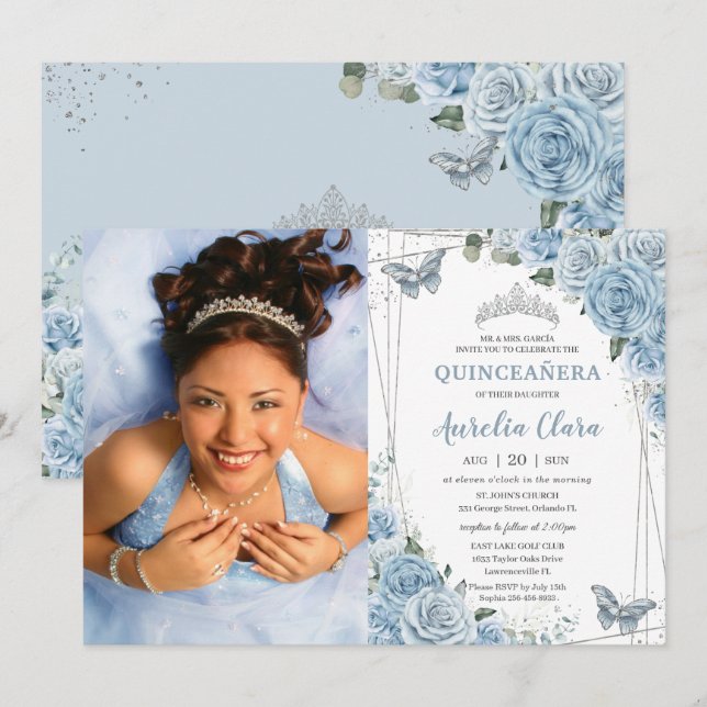 Quinceañera Baby blue Blommigt Butterflies 16:e Inbjudningar (Fram/baksida)