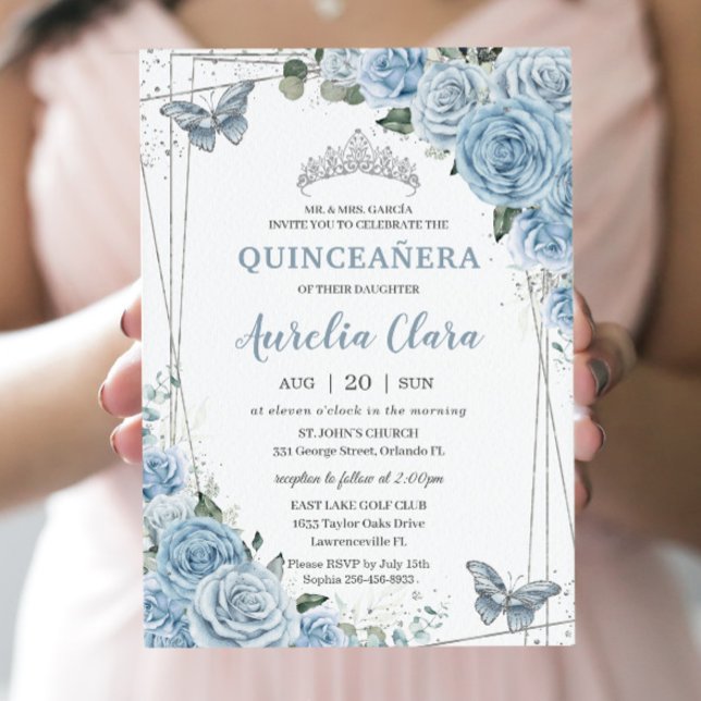 Quinceañera Baby blue Blommigt Butterflies 16:e Inbjudningar (Skapare uppladdad)