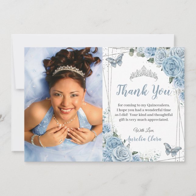 Quinceañera Baby blue Blommigt Butterfly Photo 16: Tack Kort (Framsida)