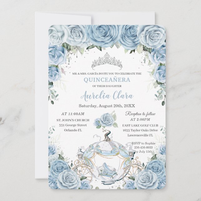 Quinceañera Baby blue Blommigt Cinderella Coach Inbjudningar (Framsida)