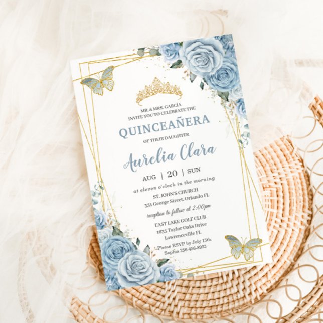 Quinceañera Baby blue Blommigt Guld Butterflies 16 Inbjudningar (Skapare uppladdad)