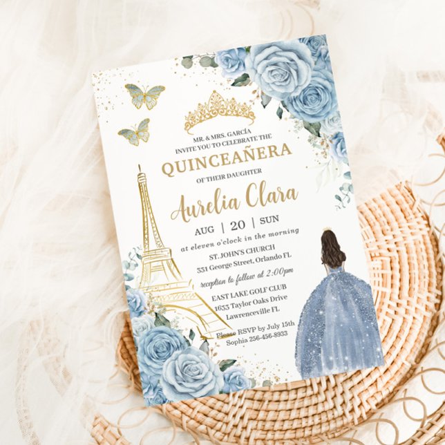 Quinceañera Baby blue Blommigt Paris Eiffel Frankr Inbjudningar (Skapare uppladdad)