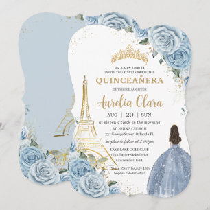 Quinceañera Baby blue Blommigt Paris Guld Krona Inbjudningar