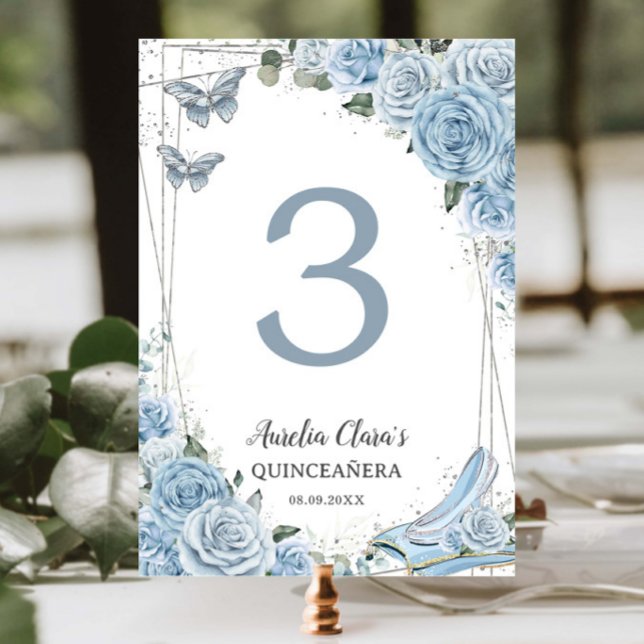 Quinceañera Baby blue Blommigt Princess Cinderella Bordsnummer (Skapare uppladdad)