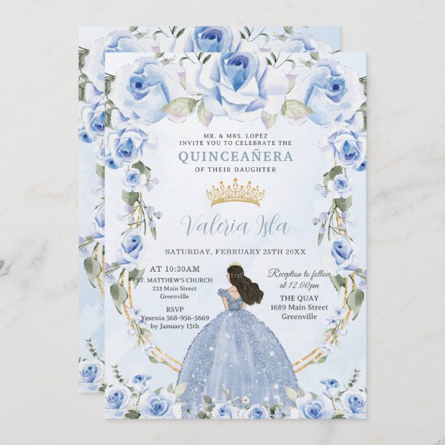 Quinceañera Baby blue Blommigt Princess Dress Guld Inbjudningar (Fram/baksida)