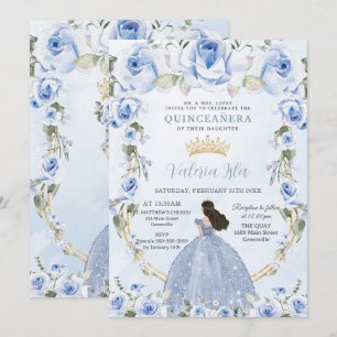 Quinceañera Baby blue Blommigt Princess Dress Guld Inbjudningar
