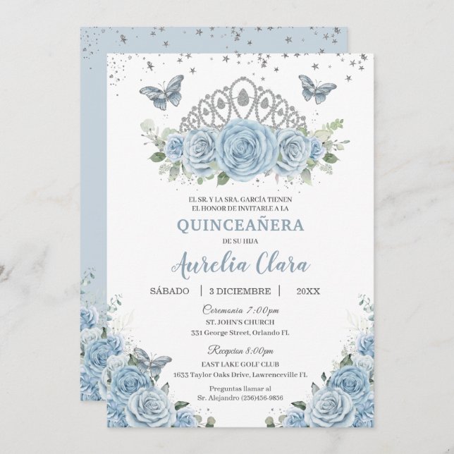 Quinceañera Baby blue Blommigt Silver Krona Españo Inbjudningar (Fram/baksida)