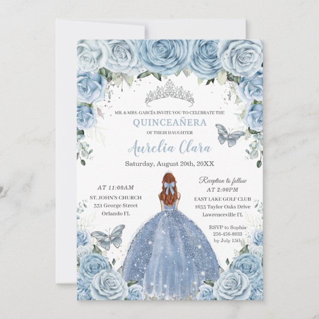 Quinceañera Baby blue Blommigt Silver Red Hair Gir Inbjudningar (Framsida)