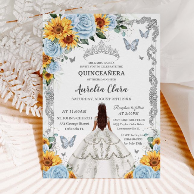 Quinceañera Baby blue Blommigt Solblommor Silver Inbjudningar (Skapare uppladdad)
