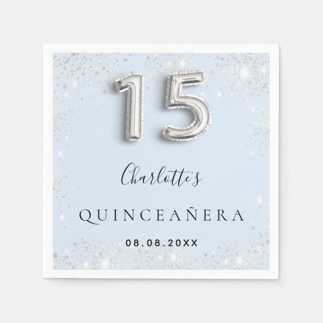 Quinceanera baby blue damm från silver glitter pappersservett (Framsidan)