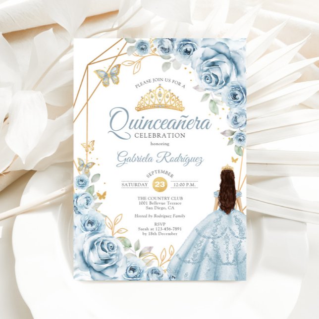 Quinceanera Baby blue Dress Blommigt Guld Inbjudningar (Skapare uppladdad)