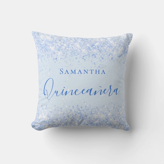 Quinceanera baby blue glitter stoft namn kudde (Framsida)