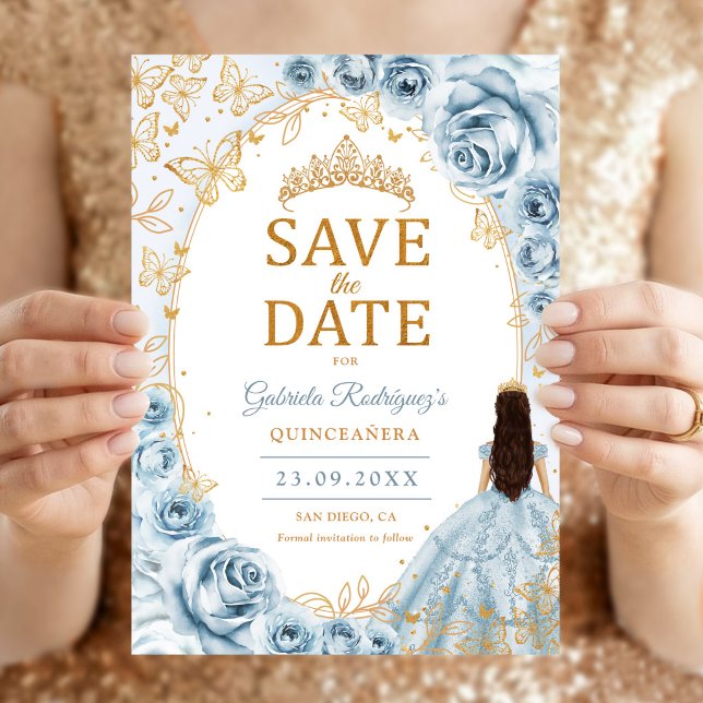 Quinceanera Baby Blue Guld Blommig Spara Datumet (Skapare uppladdad)