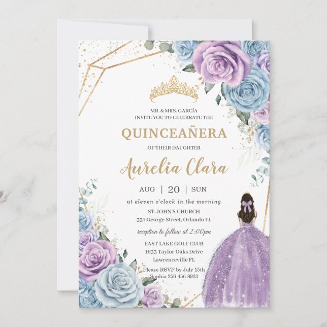 Quinceañera Baby blue Lila Lilac Blommigt Guld Inbjudningar (Framsida)
