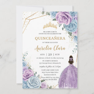 Quinceañera Baby blue Lila Lilac Blommigt Guld Inbjudningar