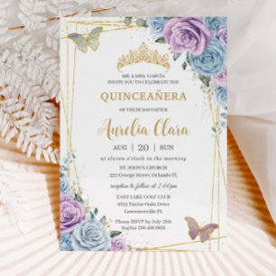 Quinceanera Baby blue Lila Lilac Blommigt Guld Inbjudningar