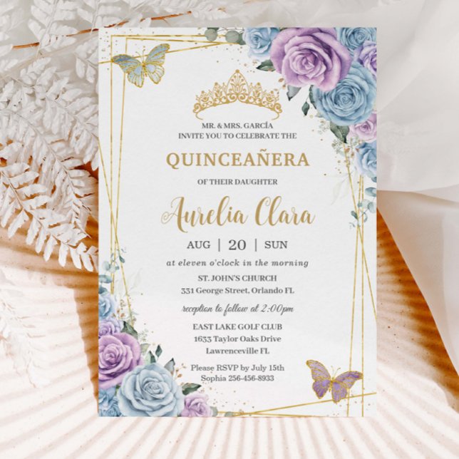 Quinceanera Baby blue Lila Lilac Blommigt Guld Inbjudningar (Skapare uppladdad)