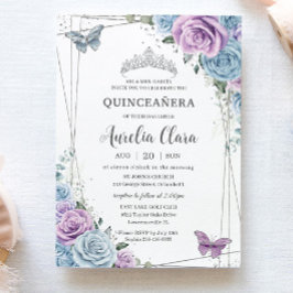Quinceanera Baby blue Lila Lilac Blommigt Silver Inbjudningar