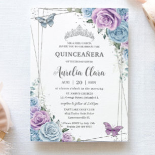 Quinceanera Baby blue Lila Lilac Blommigt Silver Inbjudningar