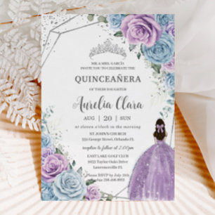 Quinceañera Baby blue Lila Lilac Blommigt Silver Inbjudningar