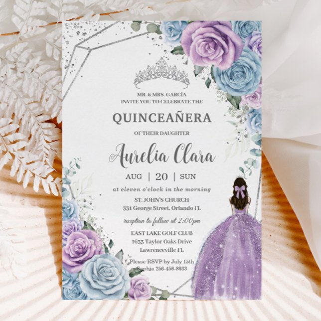 Quinceañera Baby blue Lila Lilac Blommigt Silver Inbjudningar (baby blue purple lilac roses floral silver geometric girl dress quinceanera sweet 16 invitation card)