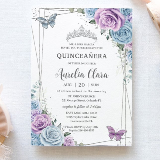 Quinceanera Baby blue Lila Lilac Blommigt Silver Inbjudningar (Skapare uppladdad)