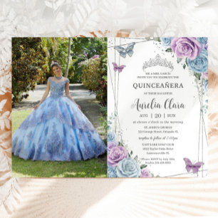 Quinceanera Baby blue Lila Lilac Blommigt Silver Inbjudningar