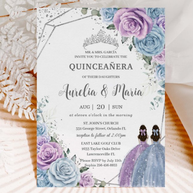 Quinceañera Baby blue Lila Lilac Blommigt Twilling Inbjudningar (Skapare uppladdad)