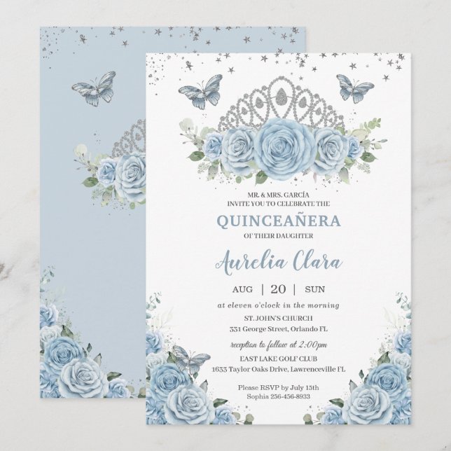 Quinceañera Baby blue Ro Blommigt Silver Krona Inbjudningar (Fram/baksida)