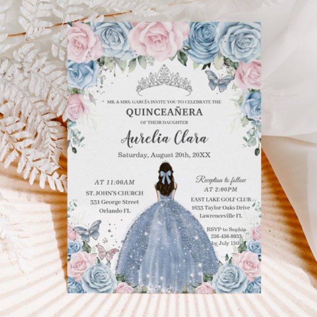 Quinceañera Baby blue Rosa Blommigt Princess Dress Inbjudningar (Skapare uppladdad)