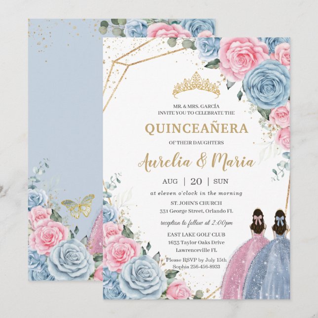 Quinceañera Baby blue Rosa Blommigt Ro Twillingar Inbjudningar (Fram/baksida)